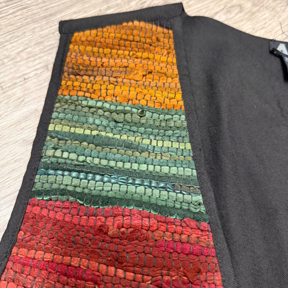 AJNY Woven Leather Vest Medium Earth Tone Striped Boho‎ Open Front Tie Back - Picture 9 of 11